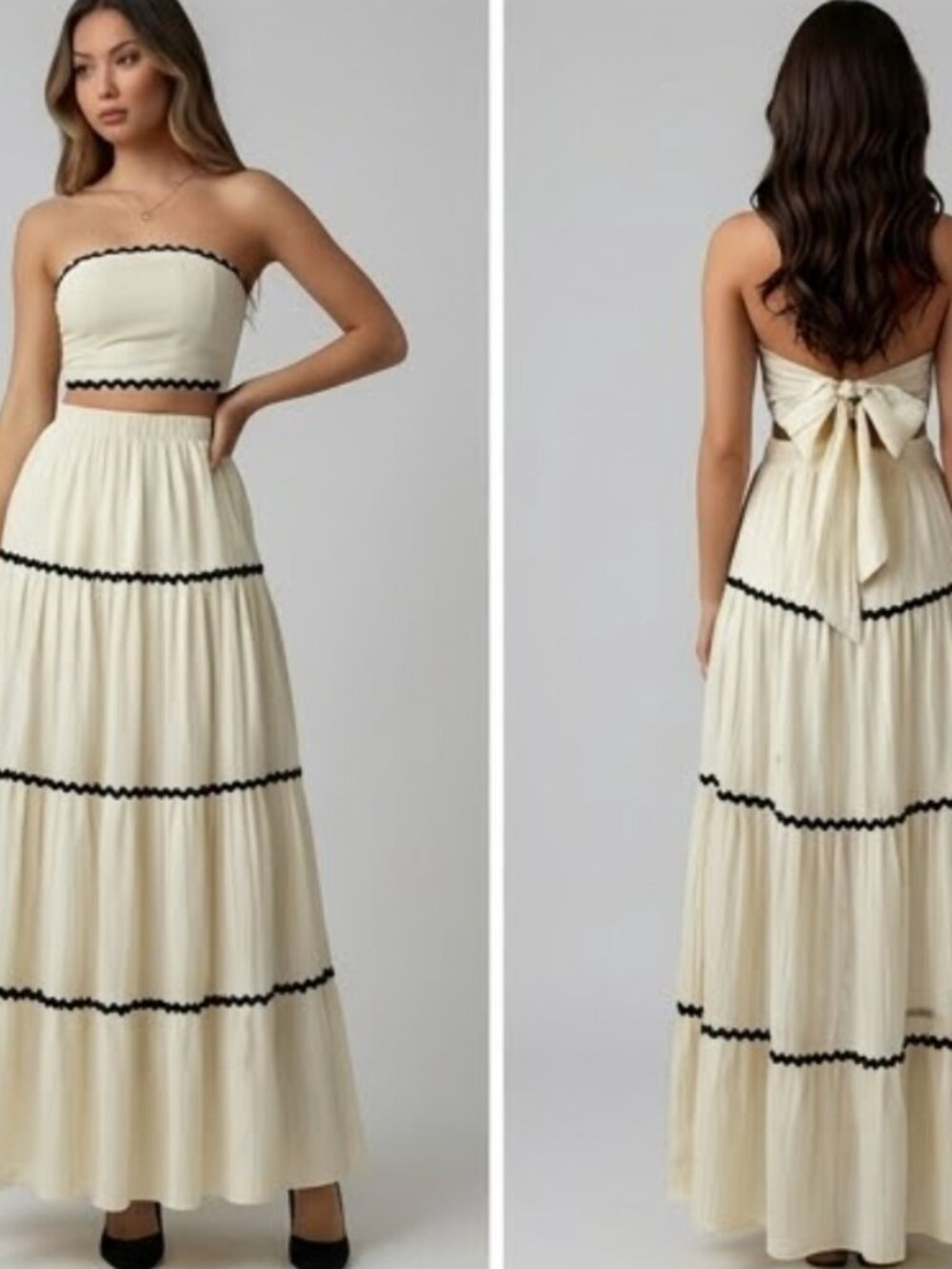 Boho Applique Cropped Bandeau Top And Skirt Set Beige - Picture 2 of 13